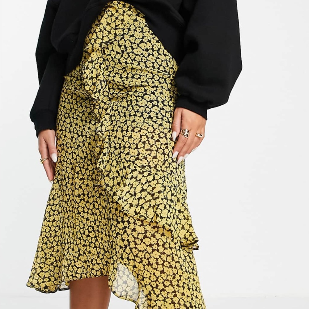 ASOS Yellow and Black Floral Midi Skirt Size US 6